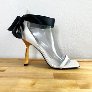 SCHUTZ White and Black Clear Ribbon High Heel Sandal with Gold Heel